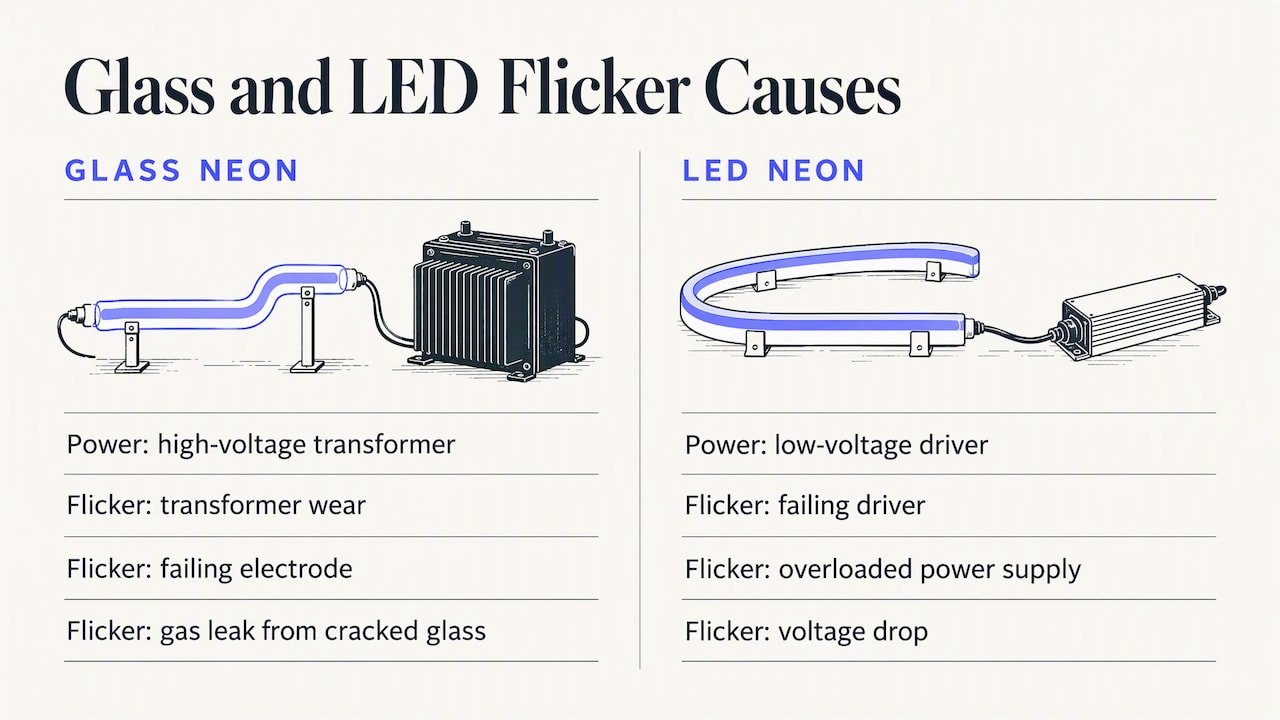 Glass neon and LED flicker causes compared