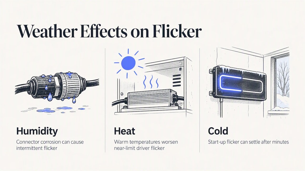 Effects of humidity and temperature on neon flicker — overview diagram