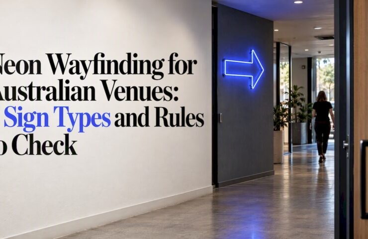 Blue neon arrow at a venue corridor junction