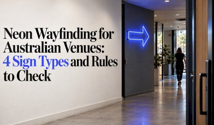 Blue neon arrow at a venue corridor junction
