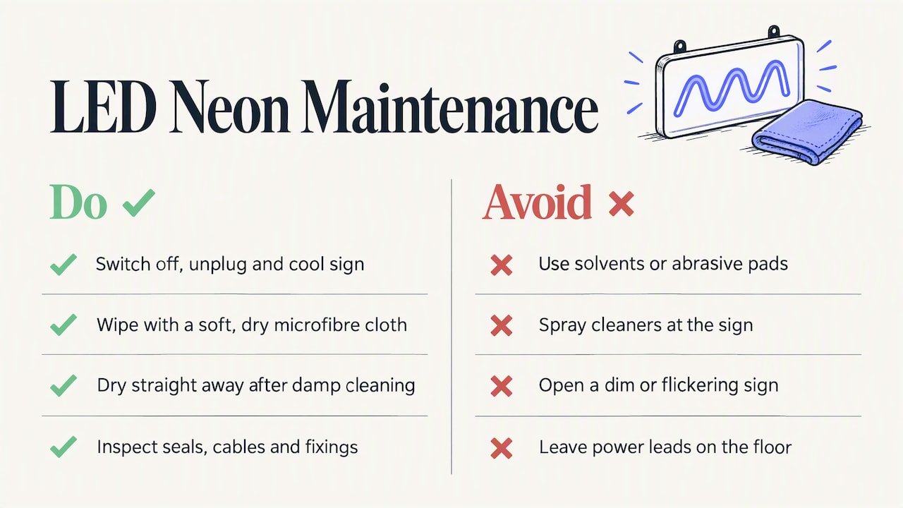 How do you clean and maintain LED neon wayfinding signs? — overview diagram