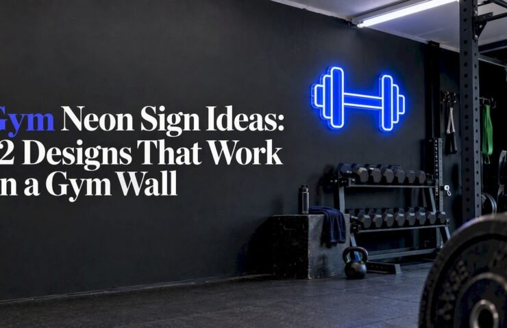 Blue neon dumbbell on a gym wall
