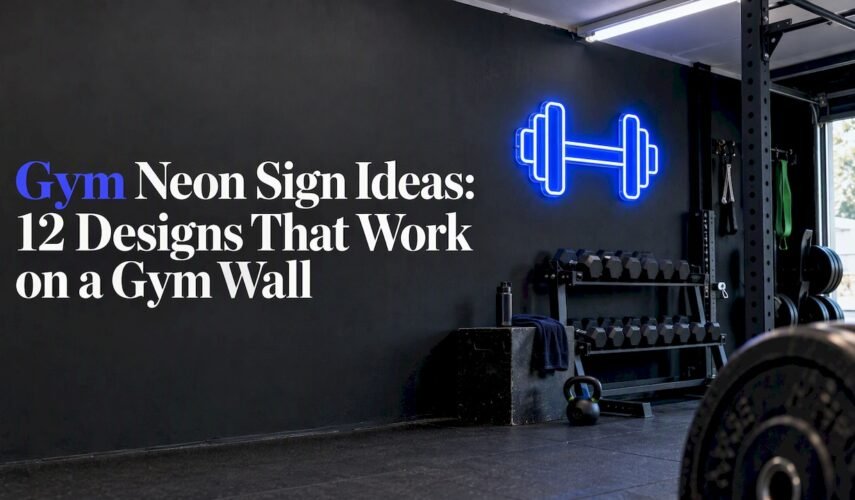 Blue neon dumbbell on a gym wall
