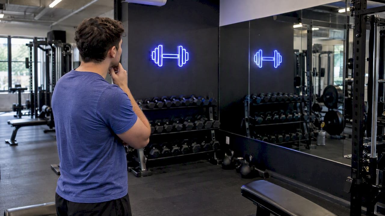 Dim neon symbol doubled in gym mirror