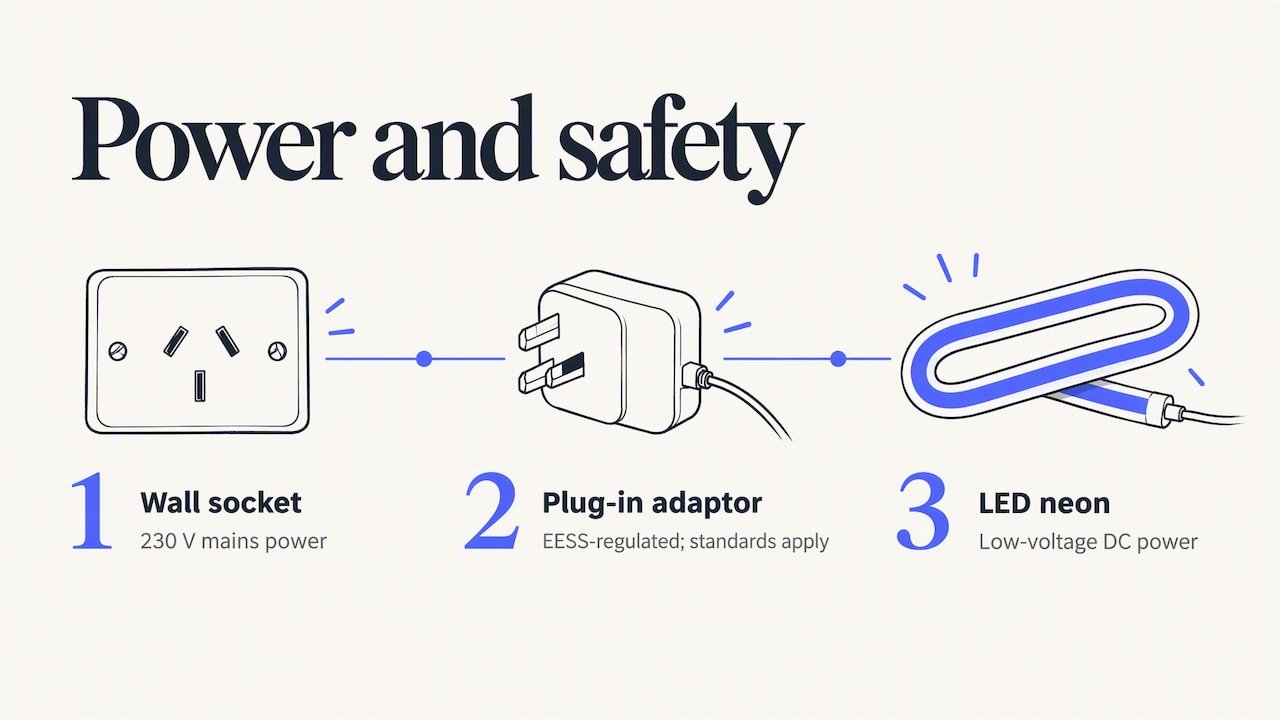 Mains socket, adaptor and low-voltage sign relationship