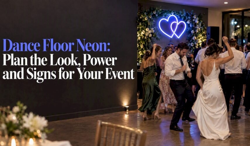 Guests dancing beneath a custom neon sign