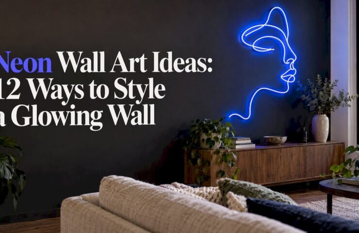 Blue neon line art anchors a charcoal wall