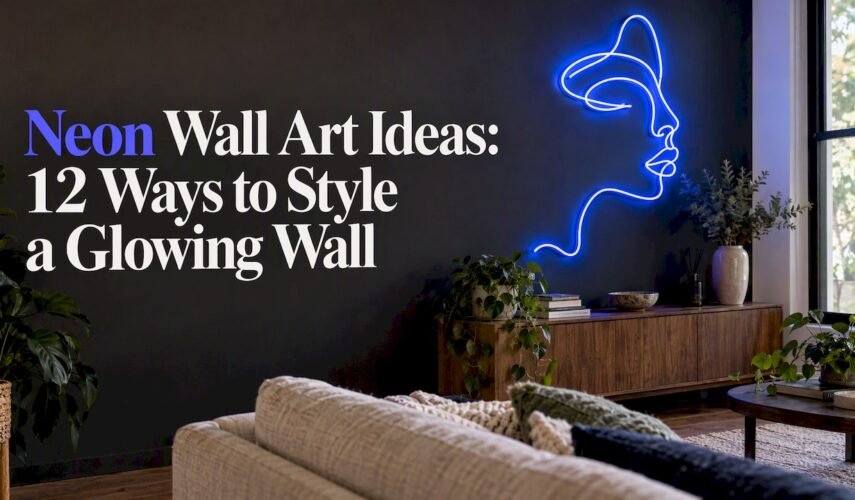 Blue neon line art anchors a charcoal wall