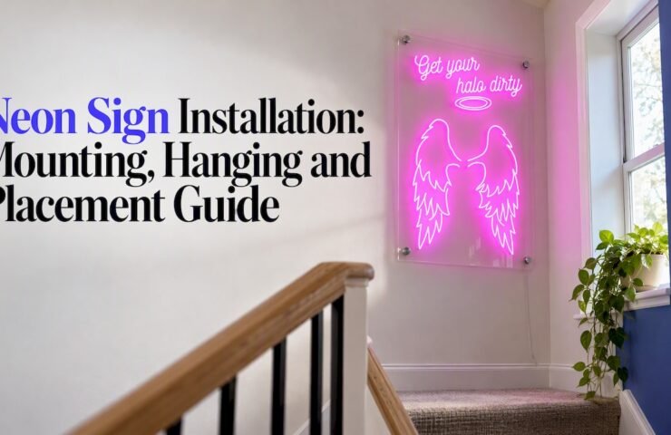 LED neon sign mounted on a stairwell wall