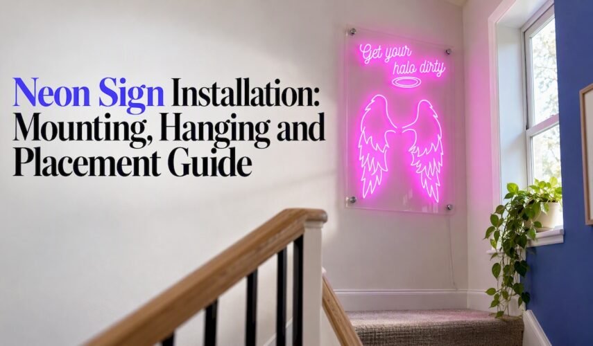 LED neon sign mounted on a stairwell wall